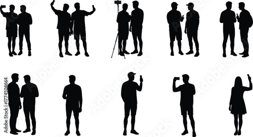 Silhouette people, social interaction, group communication, friends talking, selfie taking, photography tripod, filming activity, human behavior, teamwork concept, 