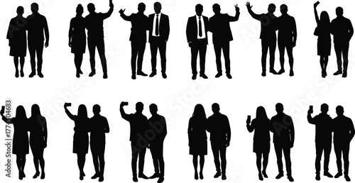 Silhouette people social interaction, friends taking selfies, casual group activity, couple posing illustration, modern lifestyle concept, teamwork communication, friendship bonding,