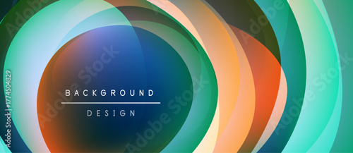 Abstract layers create circular pattern. Vibrant colors blend, forming modern background design. Text reads background design.