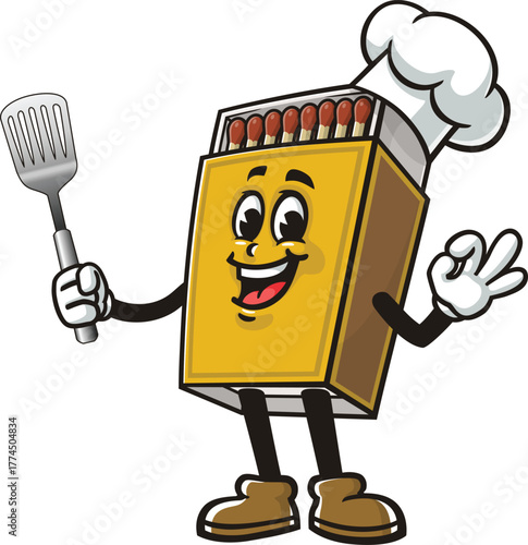 Matchstick box mascot cartoon holding a spatula and wearing a chef's hat