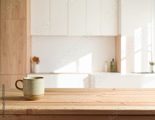 Ceramic Mug on Wooden Table in Bright Kitchen with Natural Light