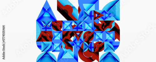 Abstract geometric shapes, primarily triangles, dominate composition. Blue, red hues create dynamic visual texture. Minimalist style.