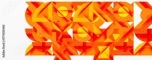 Abstract geometric composition. Orange, yellow layers create complex shapes, texture. Modern design, vibrant colors, digital art.