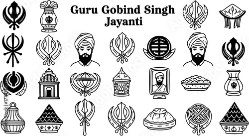 Guru Gobind Singh Jayanti symbols collection: Sikh religious emblems, portraits, turbans, and cultural illustrations for festivals and celebrations.