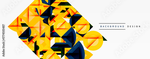 Abstract geometric shapes, vibrant yellow dominates. Darker blues, oranges create dynamic composition. Modern design element.