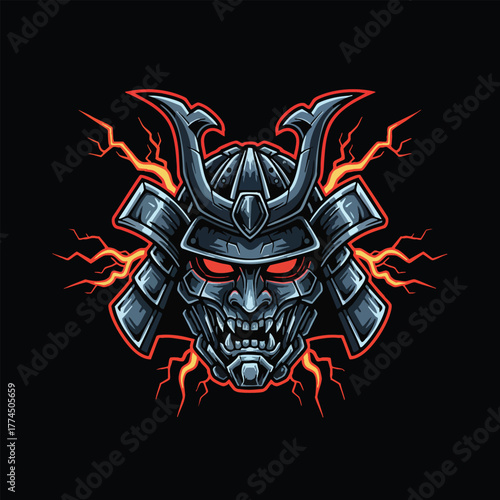 Futuristic cyborg arm with a clenched fist holding a symbol of electric power, a mascot design for technology or gaming