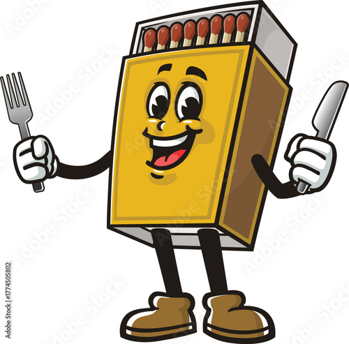 Matchstick box mascot cartoon holding a fork and knife