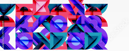 Abstract geometric shapes, vibrant colors, overlapping forms create dynamic composition. Modern design, bold contrasts, visual texture.