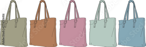 Illustrated set of elegant and simple tote bags, showcasing a spectrum of muted tones to complement diverse fashion styles and everyday carrying needs