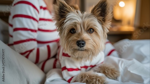 Dog wearing matching candy-cane striped pajamas alongside the owner, emotion of delight and humor visible, symbolizing playful Christmas dressing, coordinated holiday outfits, and pet-friendly