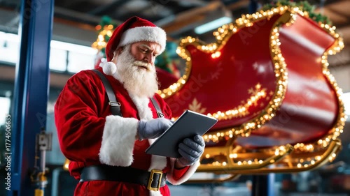 Santa Claus repairing his magical sleigh in auto workshop while holding tablet and smiling