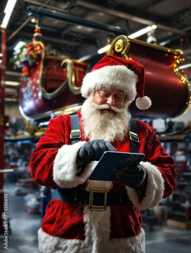 Santa Claus in workshop inspecting his sleigh on lift using digital tablet before Christmas Eve