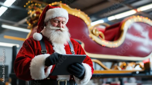 Santa Claus in red suit checking sleigh diagnostics on tablet inside festive auto repair shop