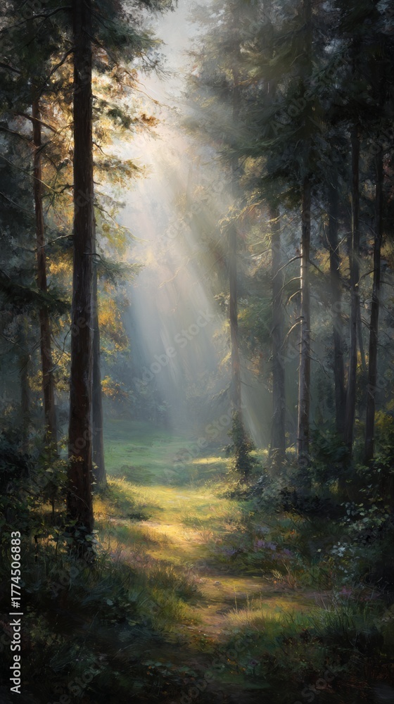 Fototapeta premium cinematic forest in early morning light, Sunbeams pierce through tall trees, calm peaceful atmosphere. Mist between trunks, golden light, soft focus