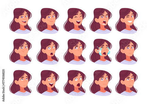 Cartoon Young Woman Facial Expressions Set, Emotions Collection