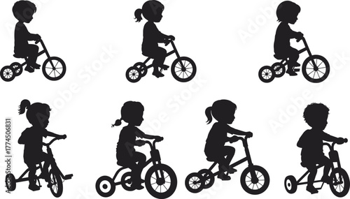 Children riding tricycles in playful poses, diverse hairstyles and silhouettes, black and white childhood activity scene – flat vector illustration