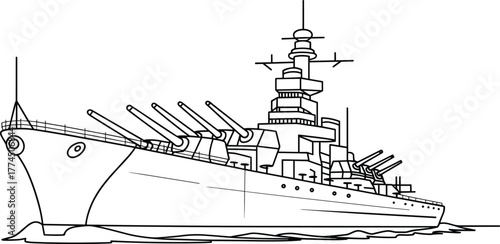 Battleship warship sailing on ocean, military navy vessel with gun turrets, radar, antennas, superstructure, flat vector illustration