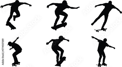 Set of six skateboarder silhouettes performing tricks, extreme sports action poses, urban skateboarding movement, flat vector illustration, black graphic icons