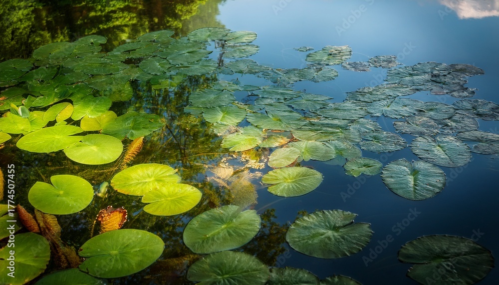 Fototapeta premium Peaceful Reflection Of Greenery On Calm Pond Surrounded By Lush Lily Leaves And Vibrant Nature