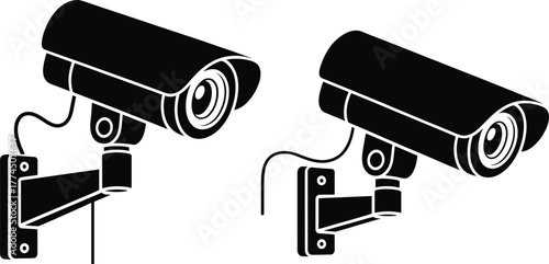 Surveillance camera icons, security system, wall mounted CCTV, monitoring device, safety equipment, vector silhouette, protection technology – flat vector illustration