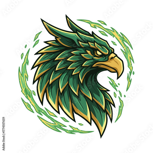 Futuristic cyborg arm with a clenched fist holding a symbol of electric power, a mascot design for technology or gaming