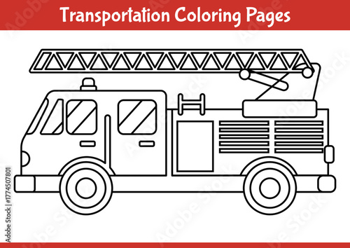 Fire truck coloring page for children. Outline illustration of a rescue vehicle for fun learning activity.