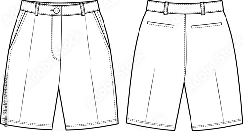 Technical shorts front and back view, fashion sketch, apparel design, garment construction, tailored seams, flat vector illustration, clothing template