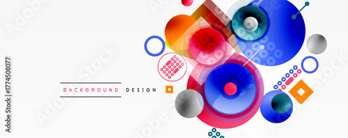 Abstract colorful design features overlapping circles, squares, dots. Modern composition with vibrant hues, dynamic shapes.