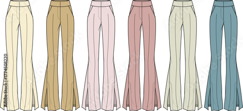 Fashion vector template of women's flare pants with a front slit detail. Technical flat sketch apparel design set in a pastel and neutral color palette