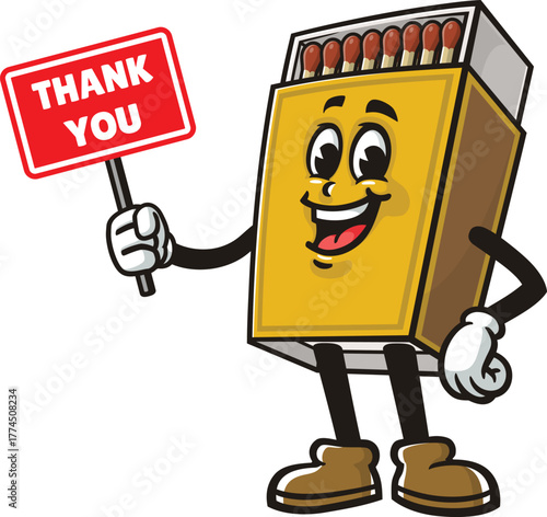 Matchstick box mascot cartoon holding a thank you sign