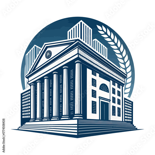 Classical Column Building Logo with Modern Skyline