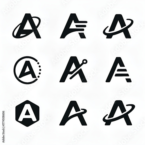 Collection of nine futuristic letter A logos in black color on white background, featuring modern geometric and tech-inspired designs