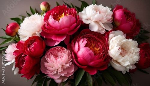 A Beautiful Bouquet Of Red Pink And White Peonies In Full Bloom Creating A Romantic And Elegant Floral Arrangement