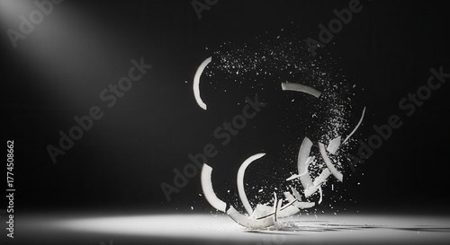 Abstract Coconut Shell Dispersion Depicting Motion and Texture Against a Dramatic Backdrop