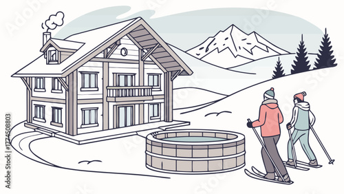 Skiing vacation rental chalet with hot tub in snowy mountain landscape for winter holiday retreat getaway