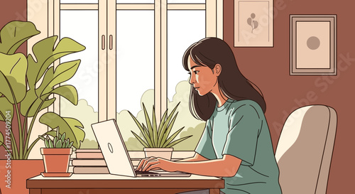 Illustration of a young woman working on her laptop at a desk in a cozy, sunlit room filled with plants.