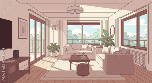 A sun-drenched living room with large windows overlooking a lush green landscape, featuring comfortable sofas and natural light.