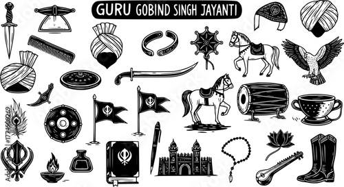 Sikhism and Guru Gobind Singh Jayanti Icons: Traditional Symbols, Religious Objects, and Cultural Elements Collection in Black and White Sketch Style