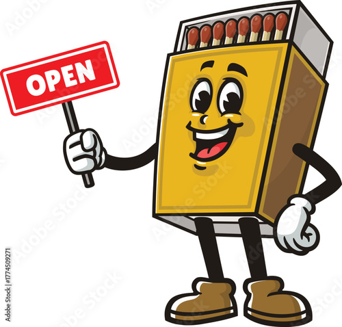 Matchstick box mascot cartoon holding an open sign