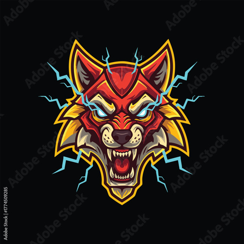 Futuristic cyborg arm with a clenched fist holding a symbol of electric power, a mascot design for technology or gaming