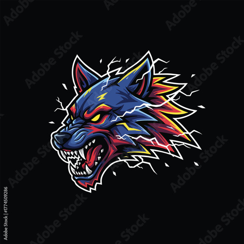 Futuristic cyborg arm with a clenched fist holding a symbol of electric power, a mascot design for technology or gaming