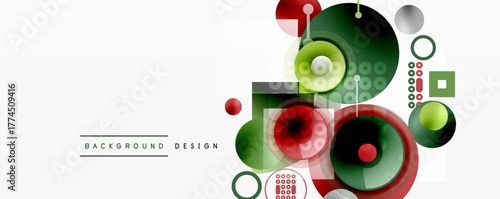 Abstract geometric shapes, circles, squares, lines create modern design. Red, green, gray colors dominate composition. Minimalist style.