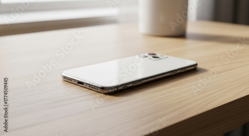 Wallpaper Mural White smartphone resting on a light wooden surface near a window. Torontodigital.ca