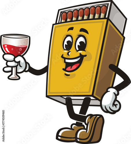 Matchstick box mascot cartoon holding a glass of drink