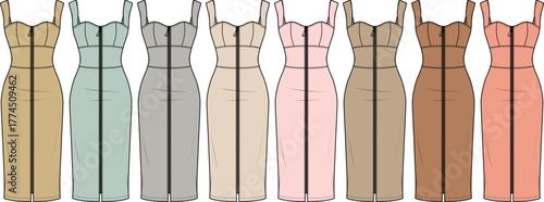 Fashion illustration of a midi pencil dress with spaghetti straps and front zipper, showcased in a diverse range of colors, ideal for apparel design and visualization projects