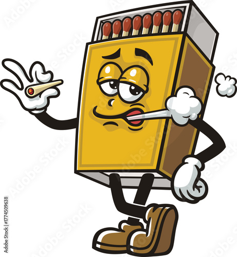Cartoon mascot of matchstick box is smoking