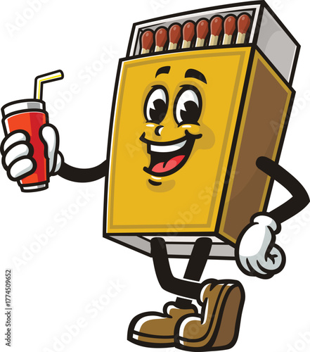 Matchstick box mascot cartoon holding a soft drink