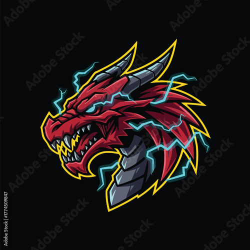 Futuristic cyborg arm with a clenched fist holding a symbol of electric power, a mascot design for technology or gaming