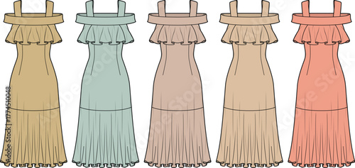 Collection of women's tiered ruffle midi sundresses in various colorways, a technical flat fashion illustration for apparel design