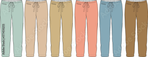 A versatile collection of casual jogger sweatpants in a muted color palette. Technical fashion flat sketch vector template set for apparel design